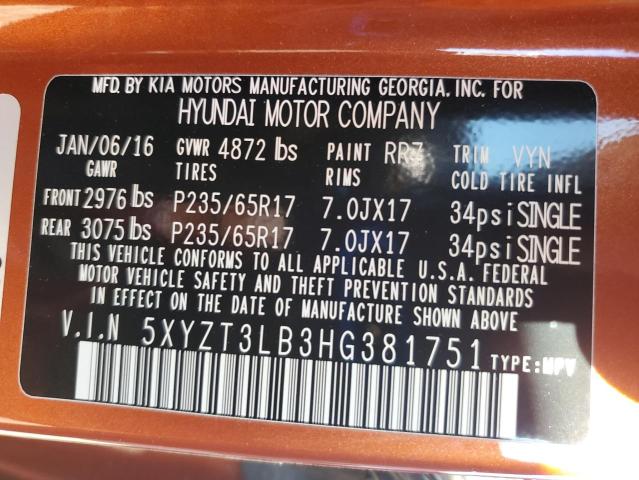 5XYZT3LB3HG381751 - 2017 HYUNDAI SANTA FE SPORT ORANGE photo 13