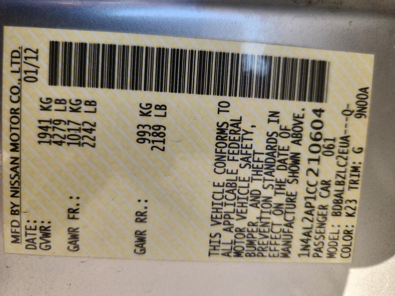 1N4AL2AP1CC210604 - 2012 NISSAN ALTIMA BASE ვერცხლისფერი ფოტო 13