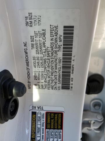 5J6RM4H74GL115921 - 2016 HONDA CR-V EXL WHITE photo 12