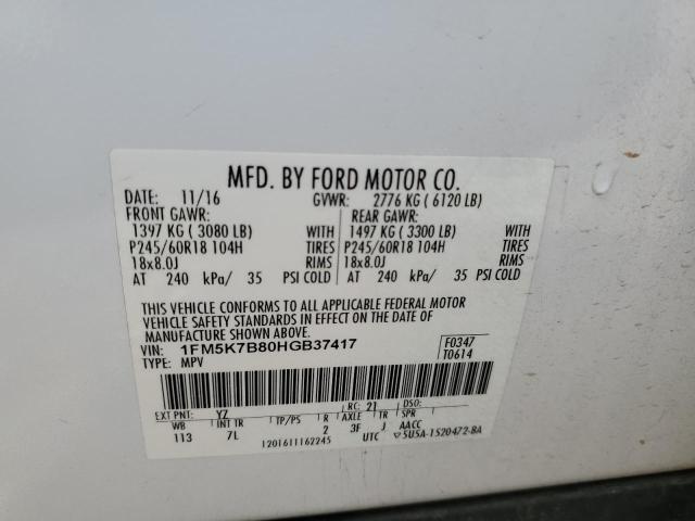 1FM5K7B80HGB37417 - 2017 FORD EXPLORER WHITE photo 13