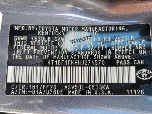 4T1BF1FK8HU274570 - 2017 TOYOTA CAMRY LE 灰色 照片 12