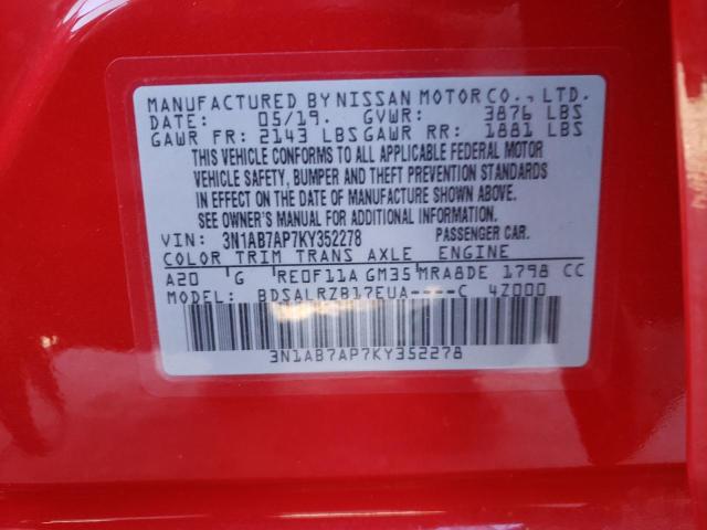 3N1AB7AP7KY352278 - 2019 NISSAN SENTRA S RED photo 13