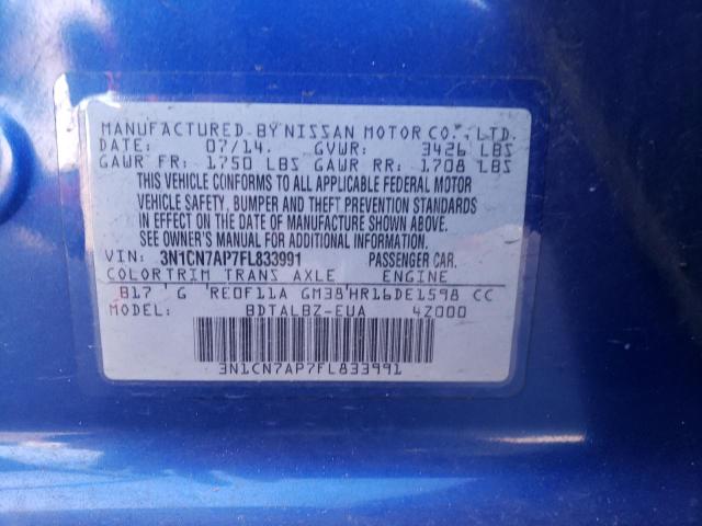 3N1CN7AP7FL833991 - 2015 NISSAN VERSA S BLUE photo 12