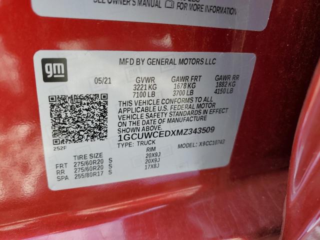 1GCUWCEDXMZ343509 - 2021 CHEVROLET SILVERADO C1500 LT 红色 照片 13