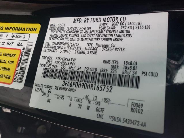 3FA6P0H90HR165752 - 2017 FORD FUSION SE BLACK photo 12