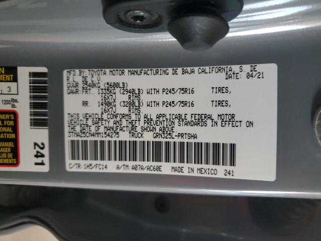 3TMAZ5CN4MM154275 - 2021 TOYOTA TACOMA DOUBLE CAB GRAY photo 12