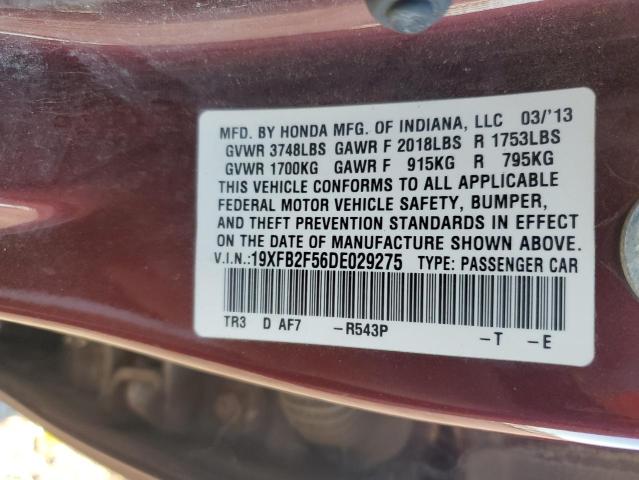 19XFB2F56DE029275 - 2013 HONDA CIVIC LX BURGUNDY photo 13