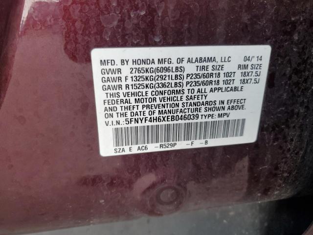 5FNYF4H6XEB046039 - 2014 HONDA PILOT EXL MAROON photo 13