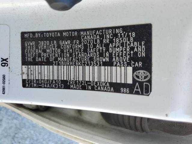 2T1BURHE6KC213531 - 2019 TOYOTA COROLLA L WHITE photo 12