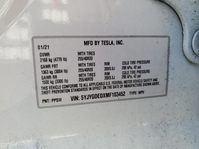 5YJYGDEDXMF103452 - 2021 TESLA MODEL Y WHITE photo 13