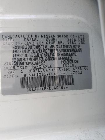 3N1AB7AP4KL604226 - 2019 NISSAN SENTRA S WHITE photo 12