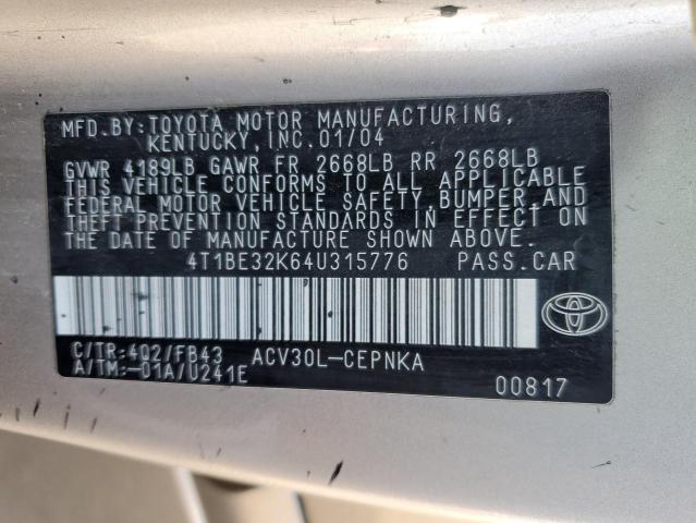 4T1BE32K64U315776 - 2004 TOYOTA CAMRY LE GOLD photo 13