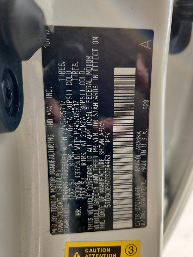 5TDZK3EH7DS094463 - 2013 TOYOTA HIGHLANDER BASE Белый фото 14