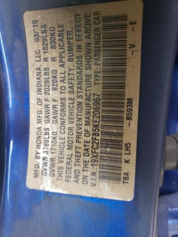 19XFC2F85KE206967 - 2019 HONDA CIVIC SPORT ლურჯი ფოტო 12