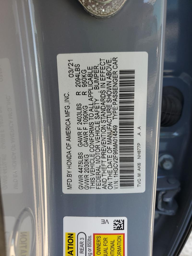 1HGCV2F96MA014549 - 2021 HONDA ACCORD TOURING GRAY photo 12