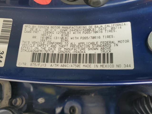 3TMJU4GN4FM176718 - 2015 TOYOTA TACOMA DOUBLE CAB PRERUNNER BLUE photo 12