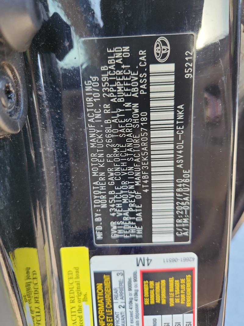 4T4BF3EK5AR057180 - 2010 TOYOTA CAMRY BASE Սև լուսանկար 12