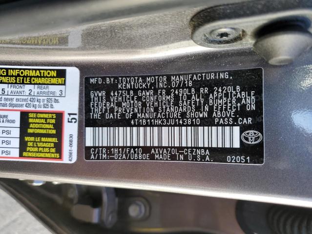 4T1B11HK3JU143810 - 2018 TOYOTA CAMRY L GRAY photo 12