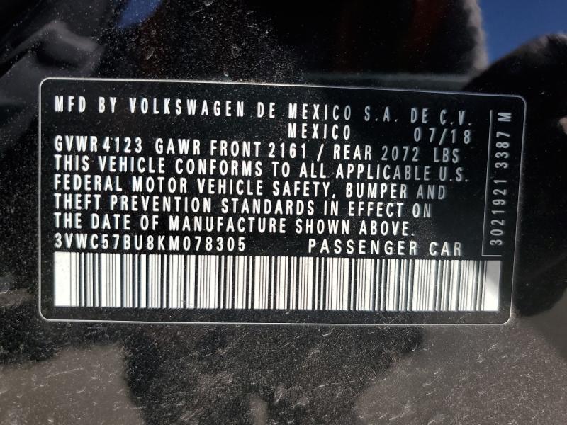 3VWC57BU8KM078305 - 2019 VOLKSWAGEN JETTA S 黑色 照片 12