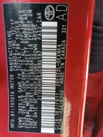 2T1BURHE5JC990197 - 2018 TOYOTA COROLLA L 红色 照片 12