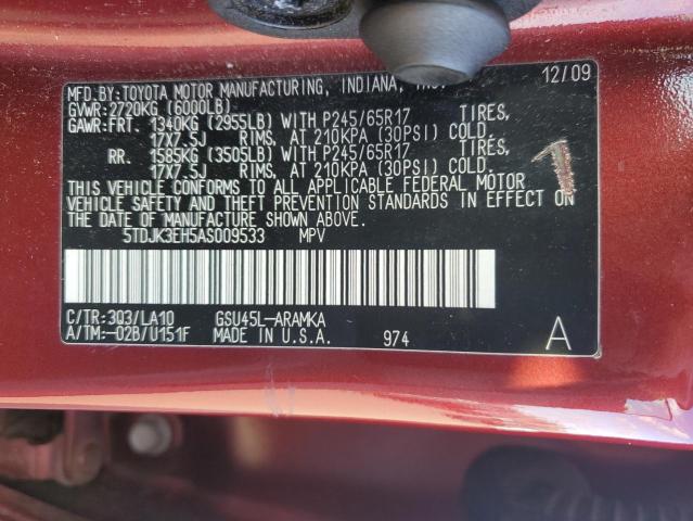 5TDJK3EH5AS009533 - 2010 TOYOTA HIGHLANDER SE RED photo 12