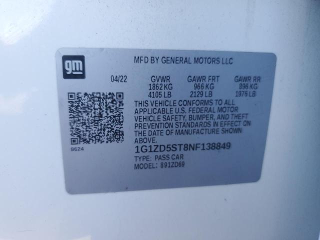 1G1ZD5ST8NF138849 - 2022 CHEVROLET MALIBU LT 白色 照片 12