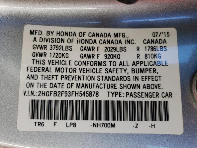 2HGFB2F93FH545878 - 2015 HONDA CIVIC EXL ვერცხლისფერი ფოტო 12