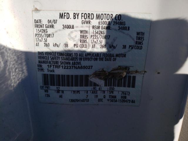 1FTRF12237NA65027 - 2007 FORD F150 WHITE photo 12