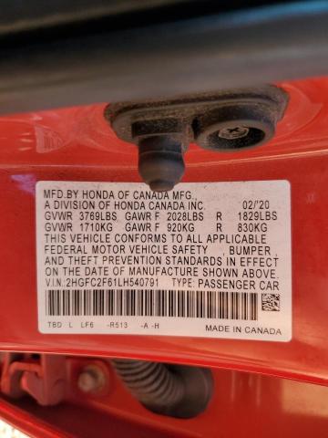 2HGFC2F61LH540791 - 2020 HONDA CIVIC LX წითელი ფოტო 13