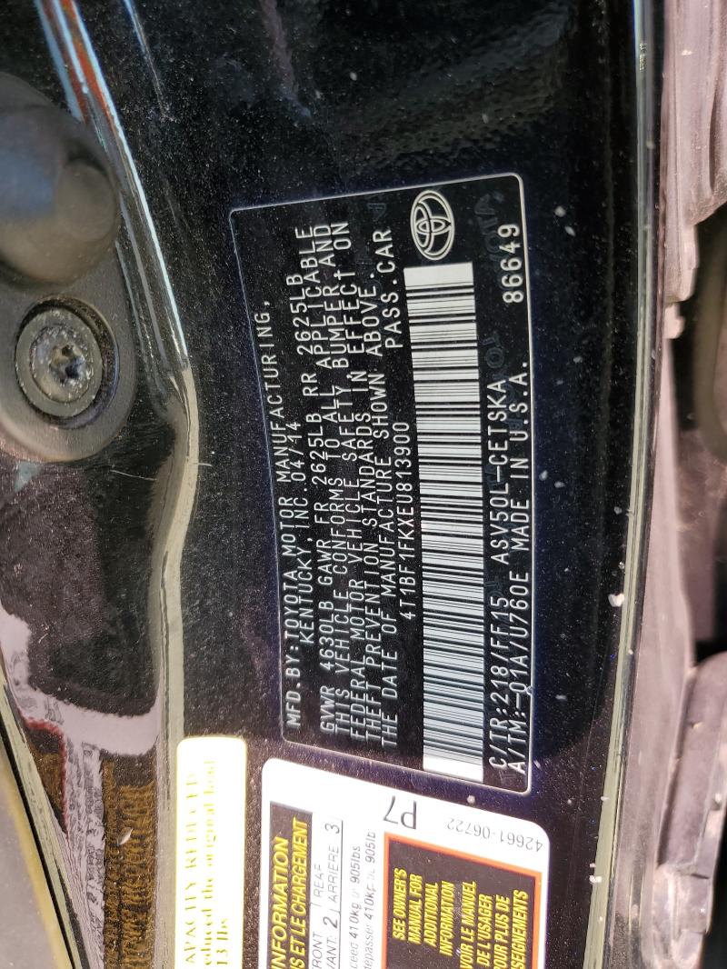 4T1BF1FKXEU813900 - 2014 TOYOTA CAMRY L 黑色 照片 12