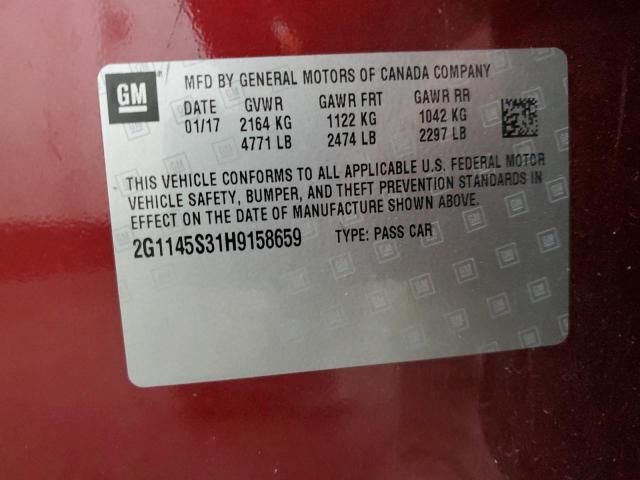 2G1145S31H9158659 - 2017 CHEVROLET IMPALA PREMIER ბურგუნდია ფოტო 12