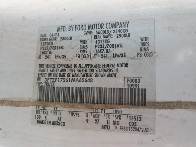 3FTZF17261MA62648 - 2001 FORD F150 WHITE photo 12