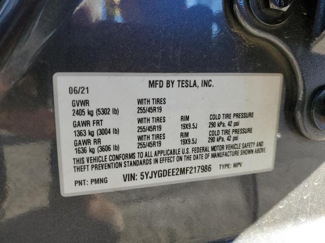 5YJYGDEE2MF217986 - 2021 TESLA MODEL Y Сұр фото 12