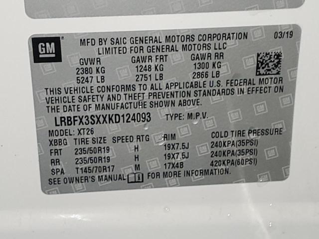 LRBFX3SXXKD124093 - 2019 BUICK ENVISION PREMIUM WHITE photo 12