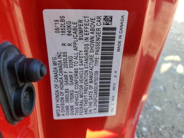 2HGFC3A50LH750108 - 2020 HONDA CIVIC SI RED photo 12