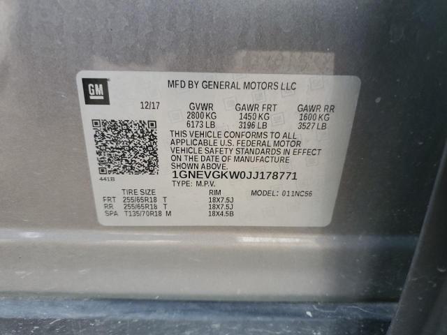 1GNEVGKW0JJ178771 - 2018 CHEVROLET TRAVERSE LT GRAY photo 13