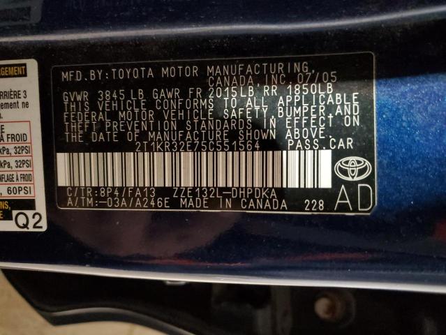 2T1KR32E75C551564 - 2005 TOYOTA COROLLA MA XR BLUE photo 12