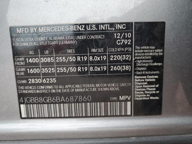 4JGBB8GB6BA687860 - 2011 MERCEDES-BENZ ML 350 4MATIC GRAY photo 12