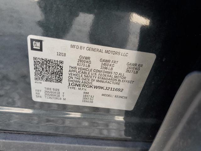 1GNERGKW9KJ211692 - 2019 CHEVROLET TRAVERSE LT შავი ფოტო 13