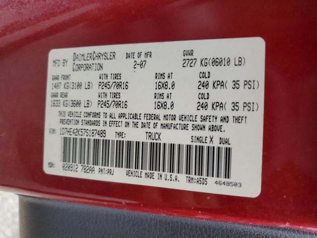 1D7HE42K57S187489 - 2007 DODGE DAKOTA SLT RED photo 12