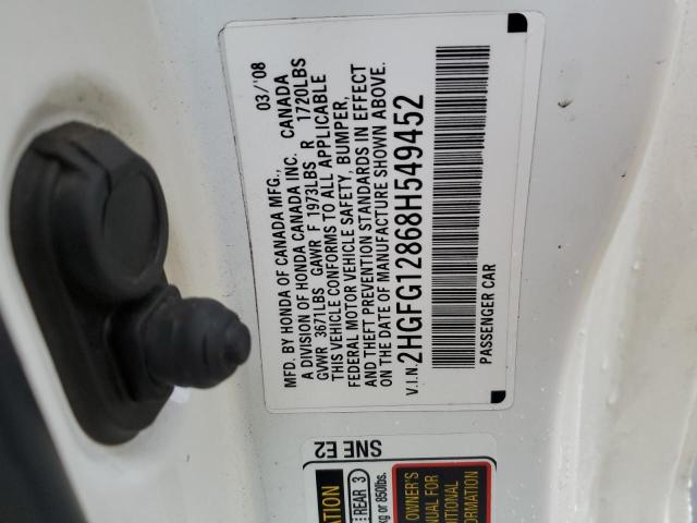 2HGFG12868H549452 - 2008 HONDA CIVIC EX WHITE photo 12