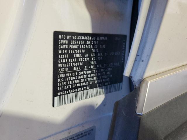 WVGAV7AX4CW547358 - 2012 VOLKSWAGEN TIGUAN S أبيض صورة 13