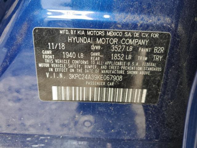 3KPC24A39KE067908 - 2019 HYUNDAI ACCENT SE BLUE photo 12