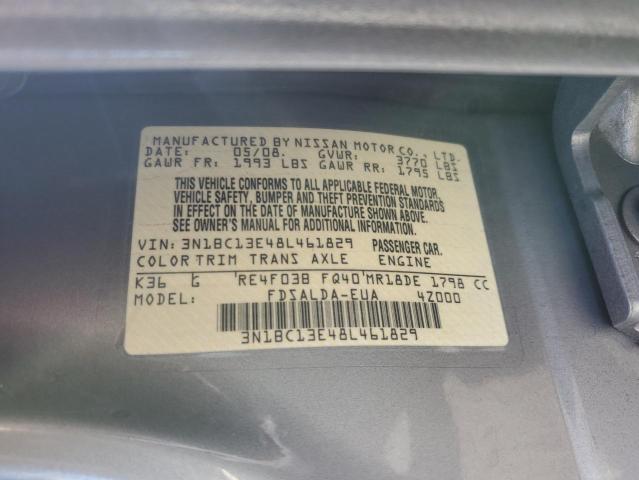 3N1BC13E48L461829 - 2008 NISSAN VERSA S SILVER photo 13