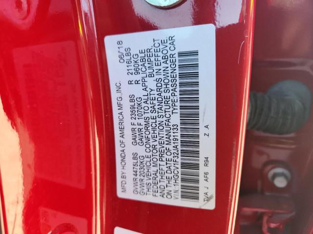 1HGCV1F32JA191133 - 2018 HONDA ACCORD SPORT Красный фото 13