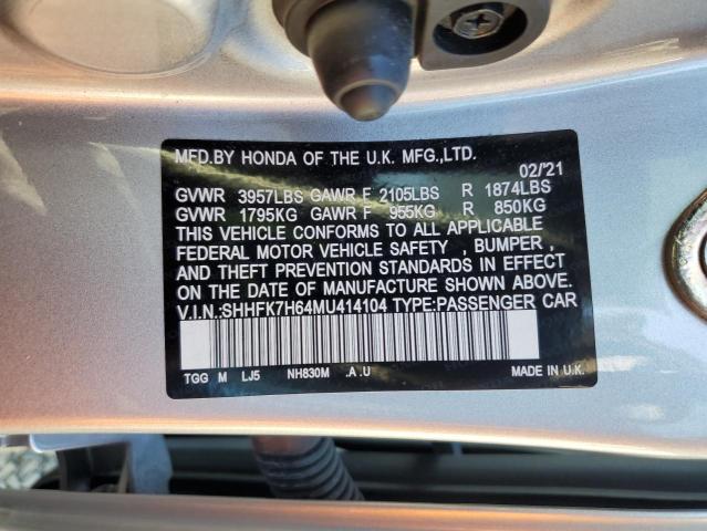 SHHFK7H64MU414104 - 2021 HONDA CIVIC EX SILVER photo 13