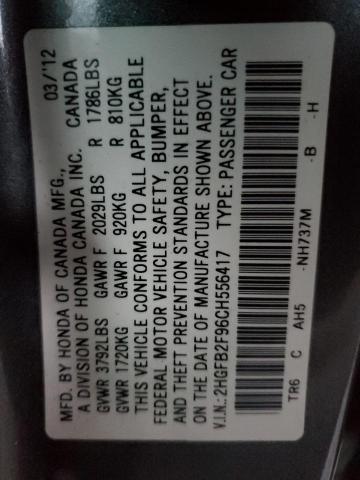 2HGFB2F96CH556417 - 2012 HONDA CIVIC EXL ნაცრისფერი ფოტო 12