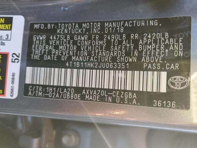 4T1B11HK2JU063351 - 2018 TOYOTA CAMRY L GRAY photo 13