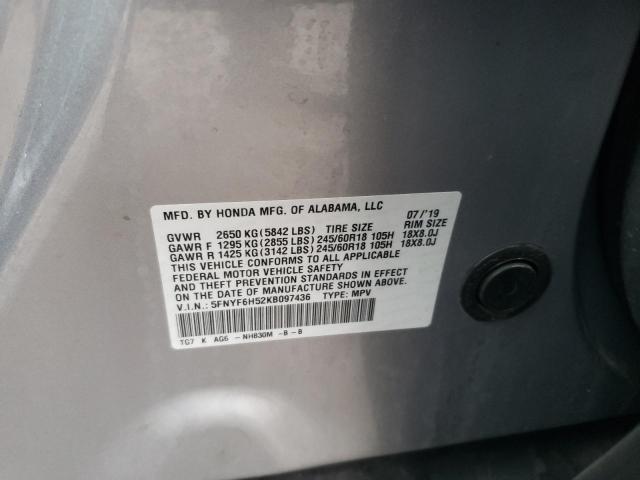 5FNYF6H52KB097436 - 2019 HONDA PILOT EXL SILVER photo 14