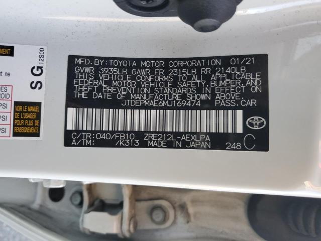JTDEPMAE6MJ169474 - 2021 TOYOTA COROLLA LE WHITE photo 12